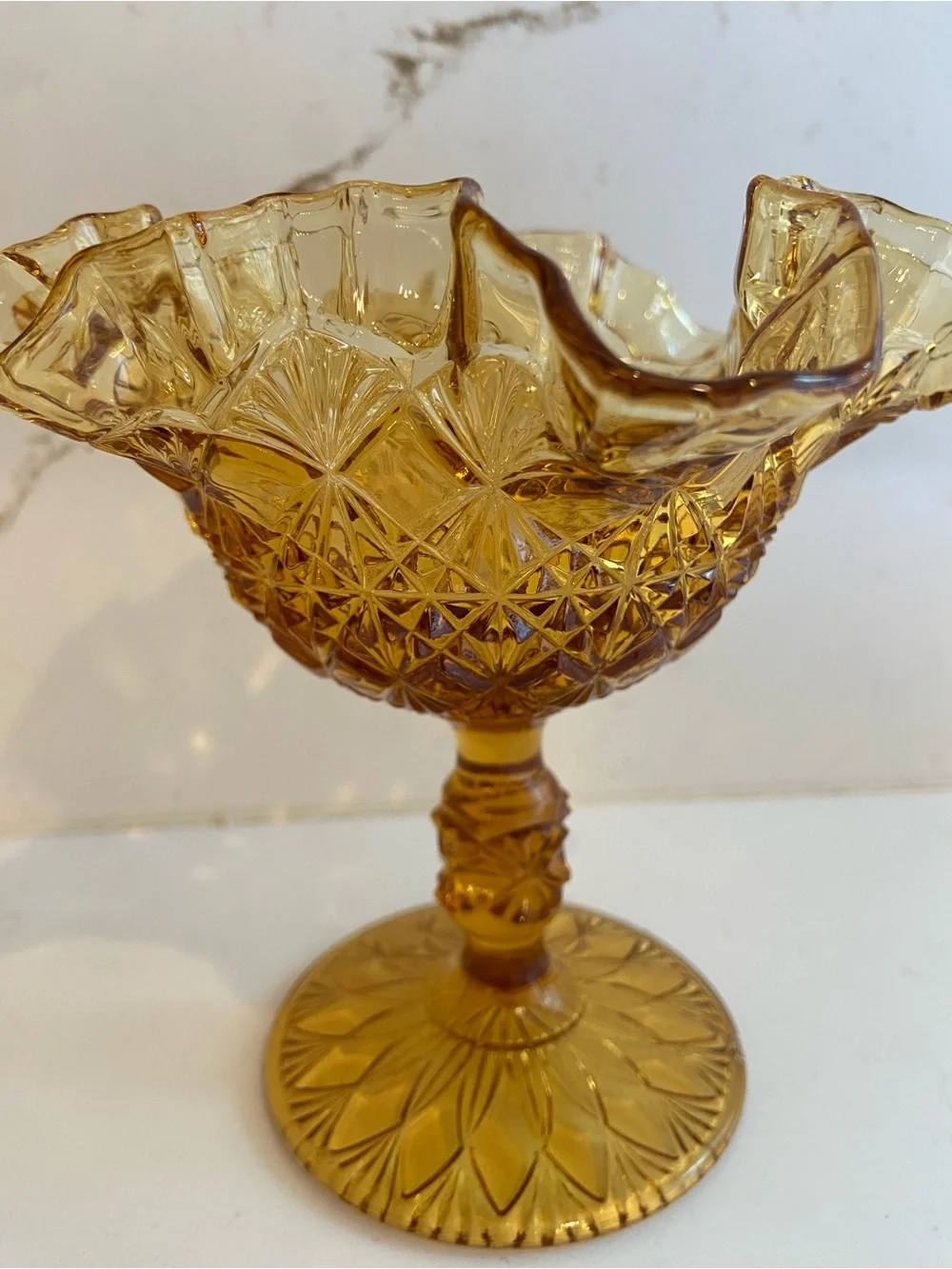 Vintage Fenton Style Amber Glass Pedestal Trinket Dish W/ Ruffled Rim 5” (read)